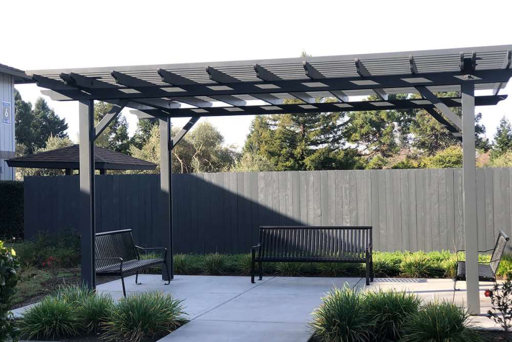 Outdoor sitting area with benches