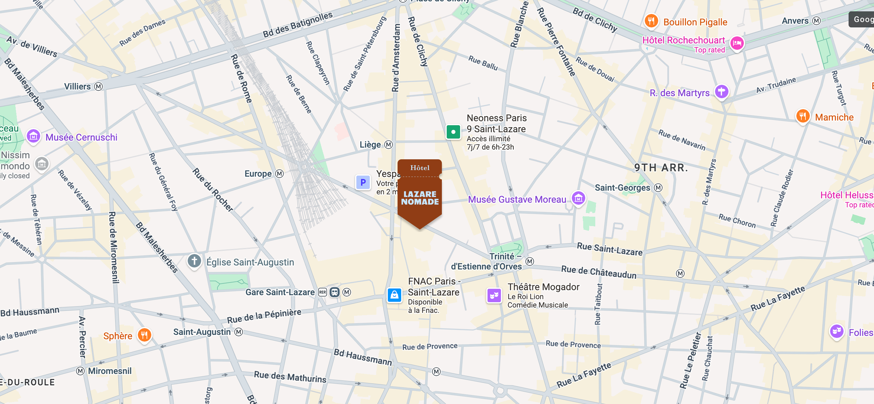 Map of Paris showing the location of the Lazare Nomade Hotel in the 9th arrondissement.