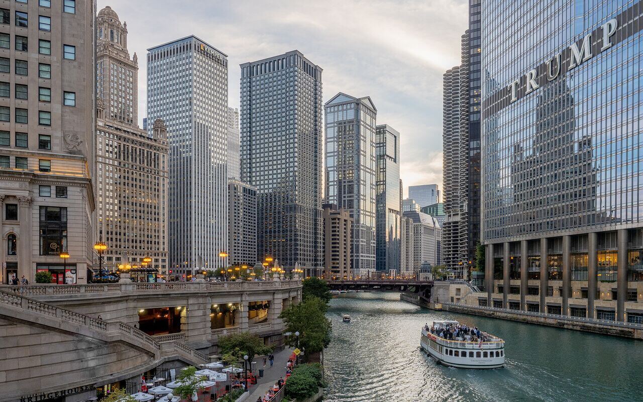 The Chicago Riverwalk with the downtown skyline