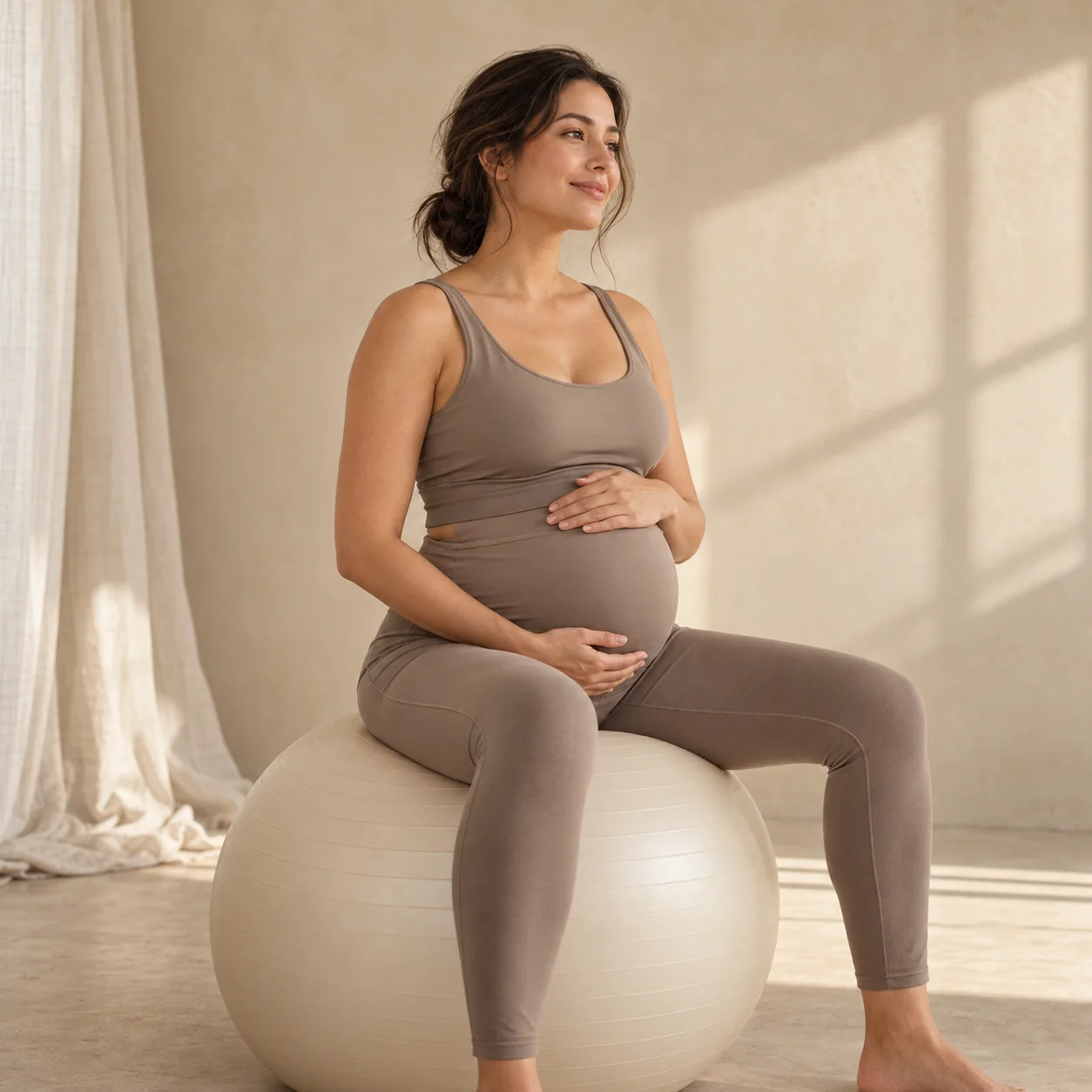 Pregnant woman seated comfortably on an exercise ball in a warm beige setting