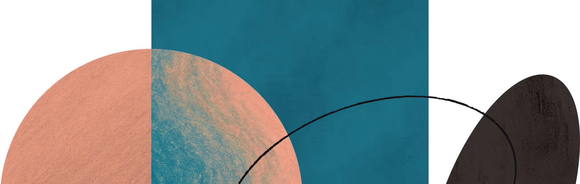 Abstract shapes including a textured peach circle, a blue rectangle, a black oval, and a curved black line.