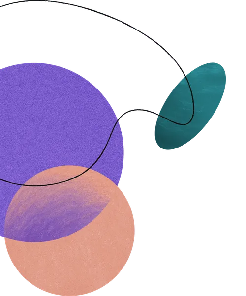 Abstract shapes including a purple circle overlapping a peach circle, a teal oval, and a black curved line.