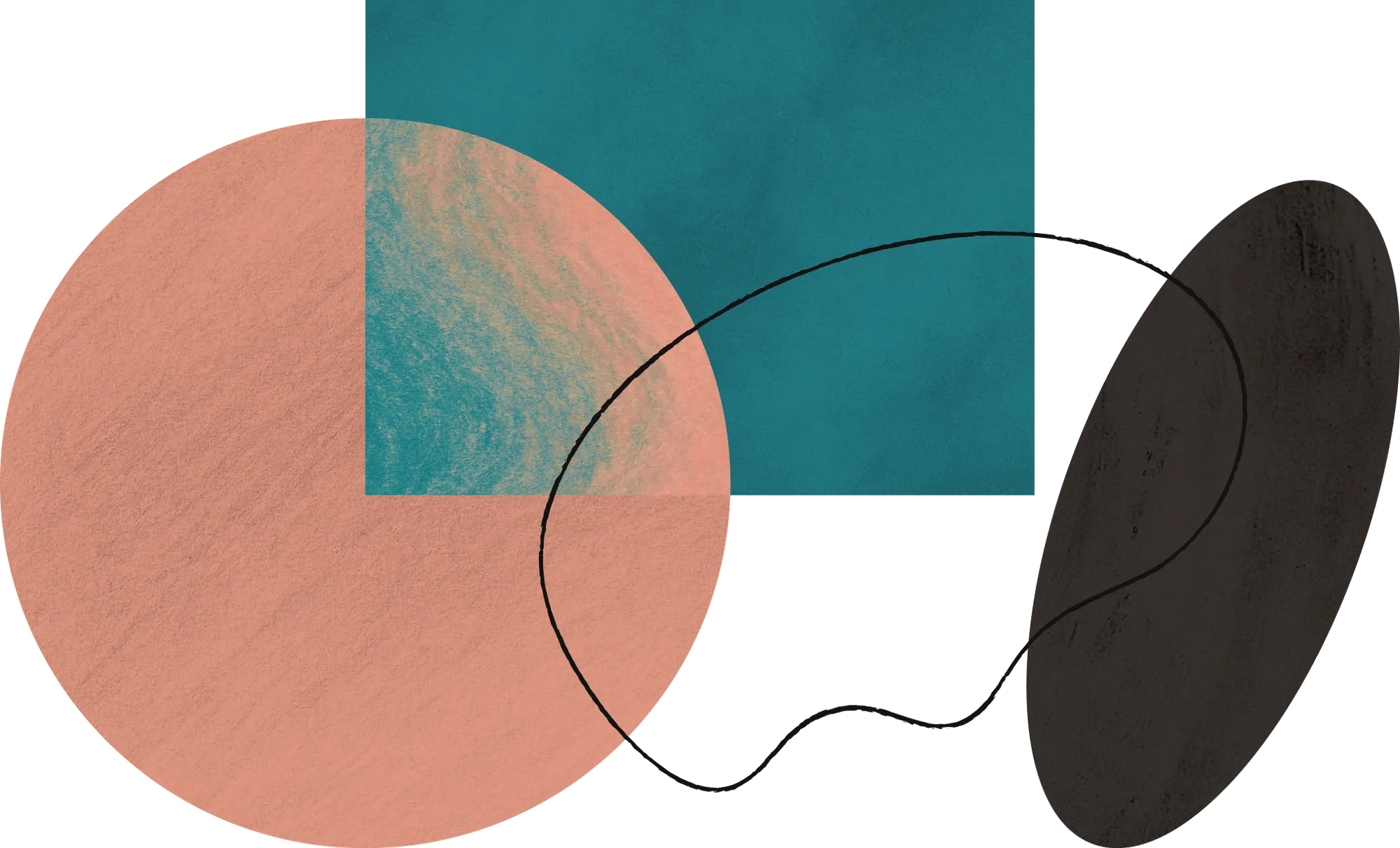 Abstract shapes: pink circle with a blue quarter overlay, large blue square, and black oval connected by a line.