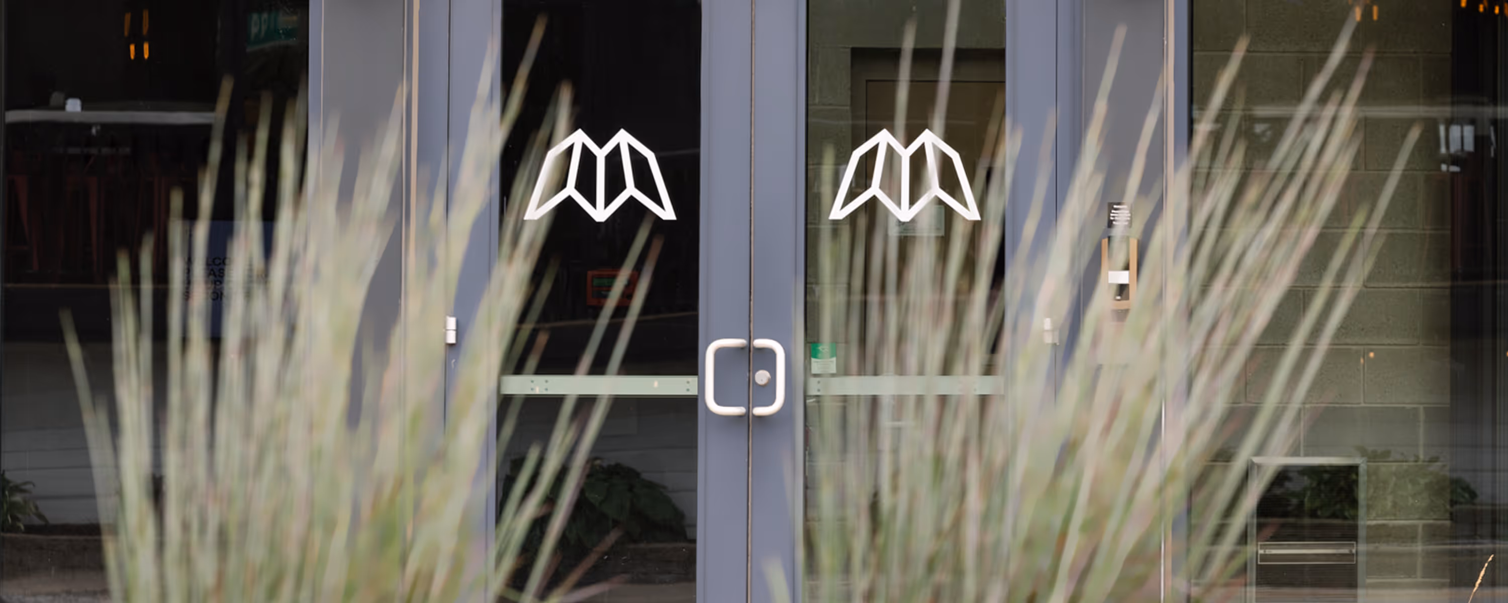 Glass double doors with white geometric logos, framed by tall green ornamental grass in front.