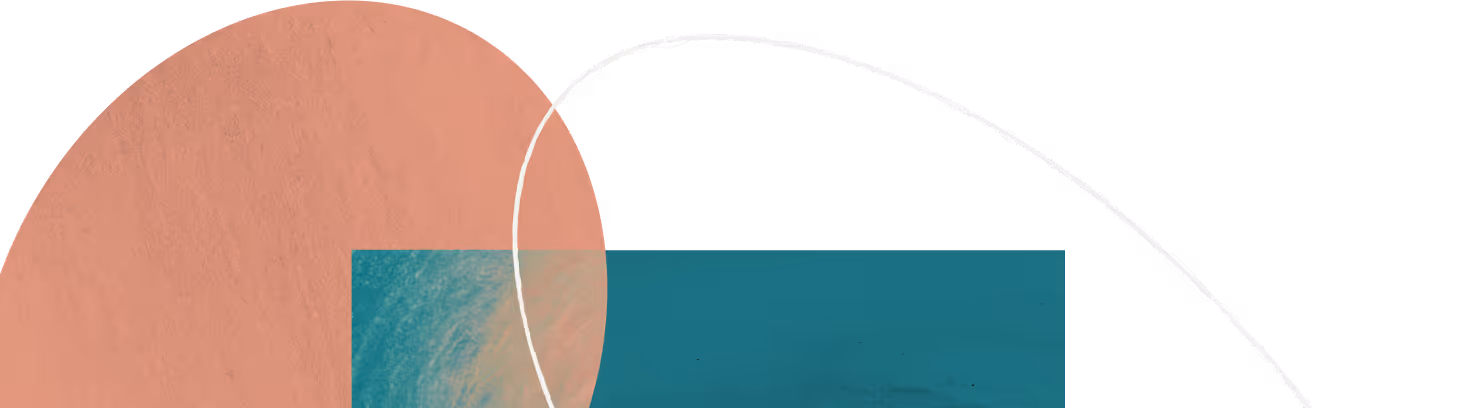 Abstract shapes: large muted orange circle, teal rectangle overlapping, white curved line on black background.