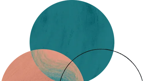 Abstract image of overlapping circles with teal, peach colors and a black outline circle.
