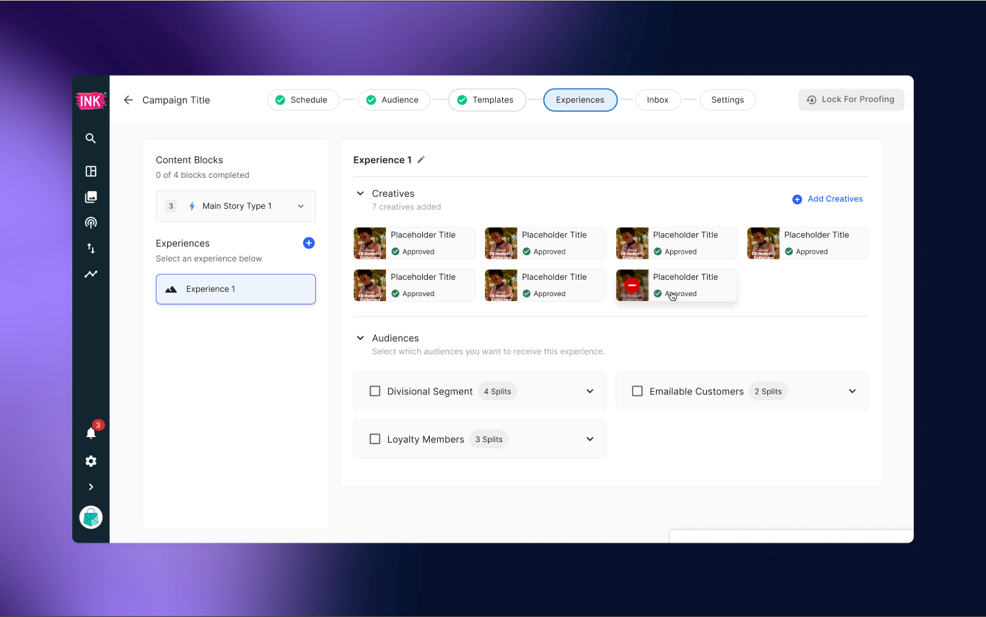 Marketing dashboard showing campaign experience with creatives, audience segments, and approval status.