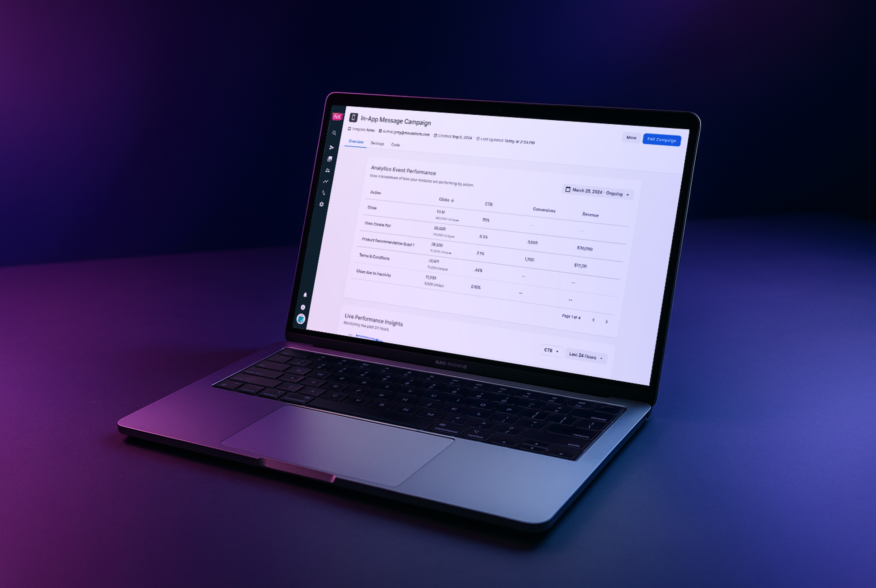 Open laptop displaying an analytics dashboard for an in-app message campaign with performance metrics.