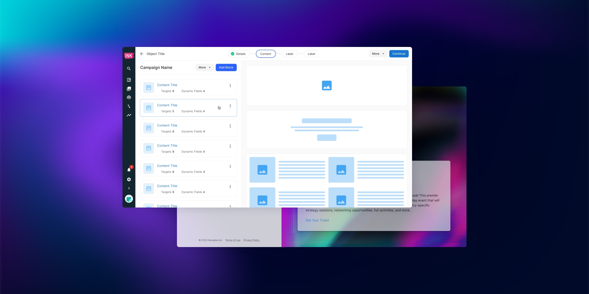 User interface of a campaign content management tool with list of content blocks and editing options.