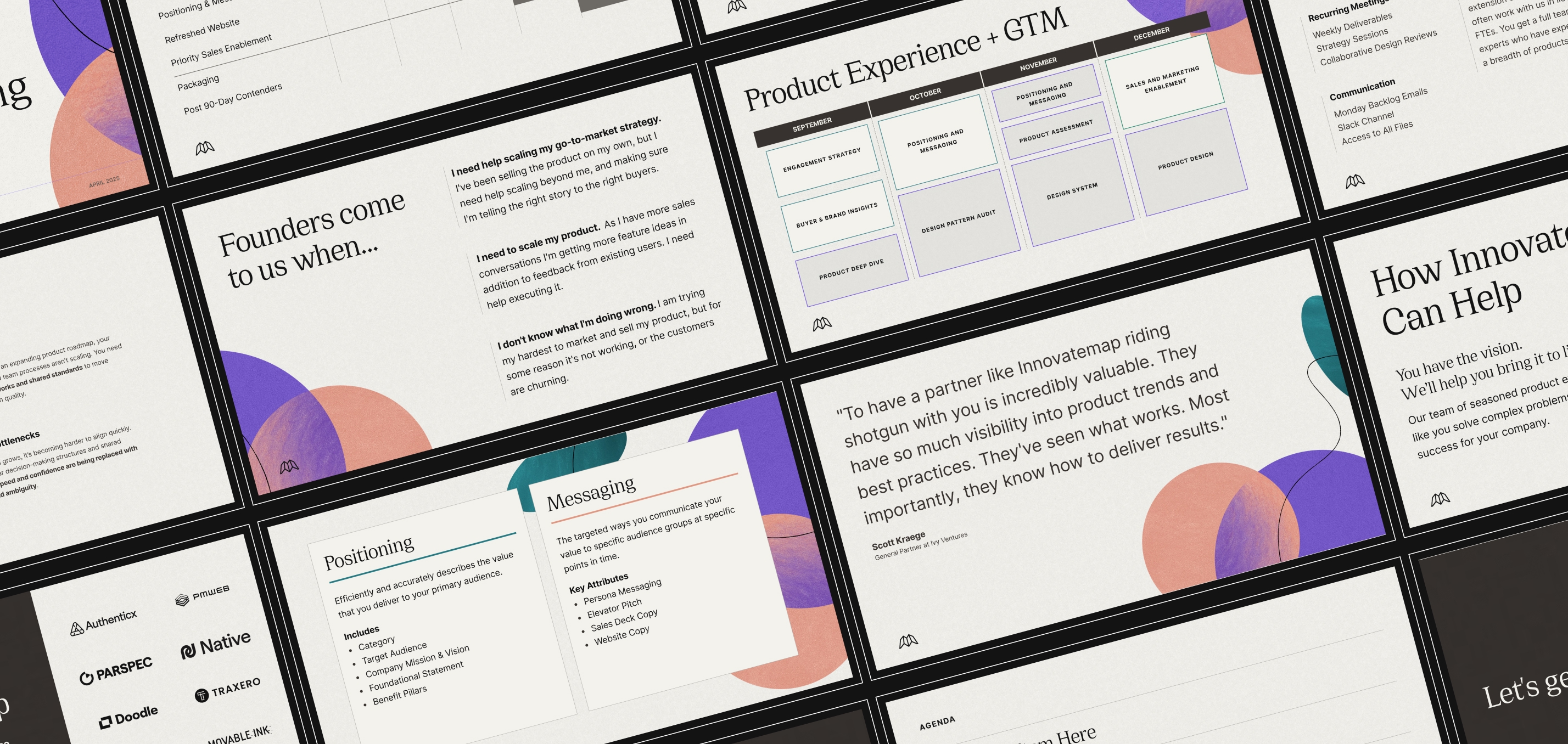 Slides showing product experience timeline, founder needs, messaging attributes, and client testimonial.