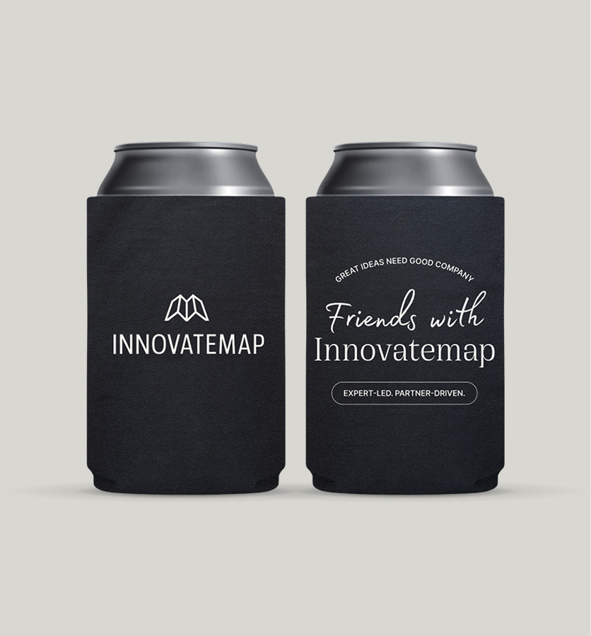Two black can koozies with Innovatemap logo and slogan 'Friends with Innovatemap' in white text.
