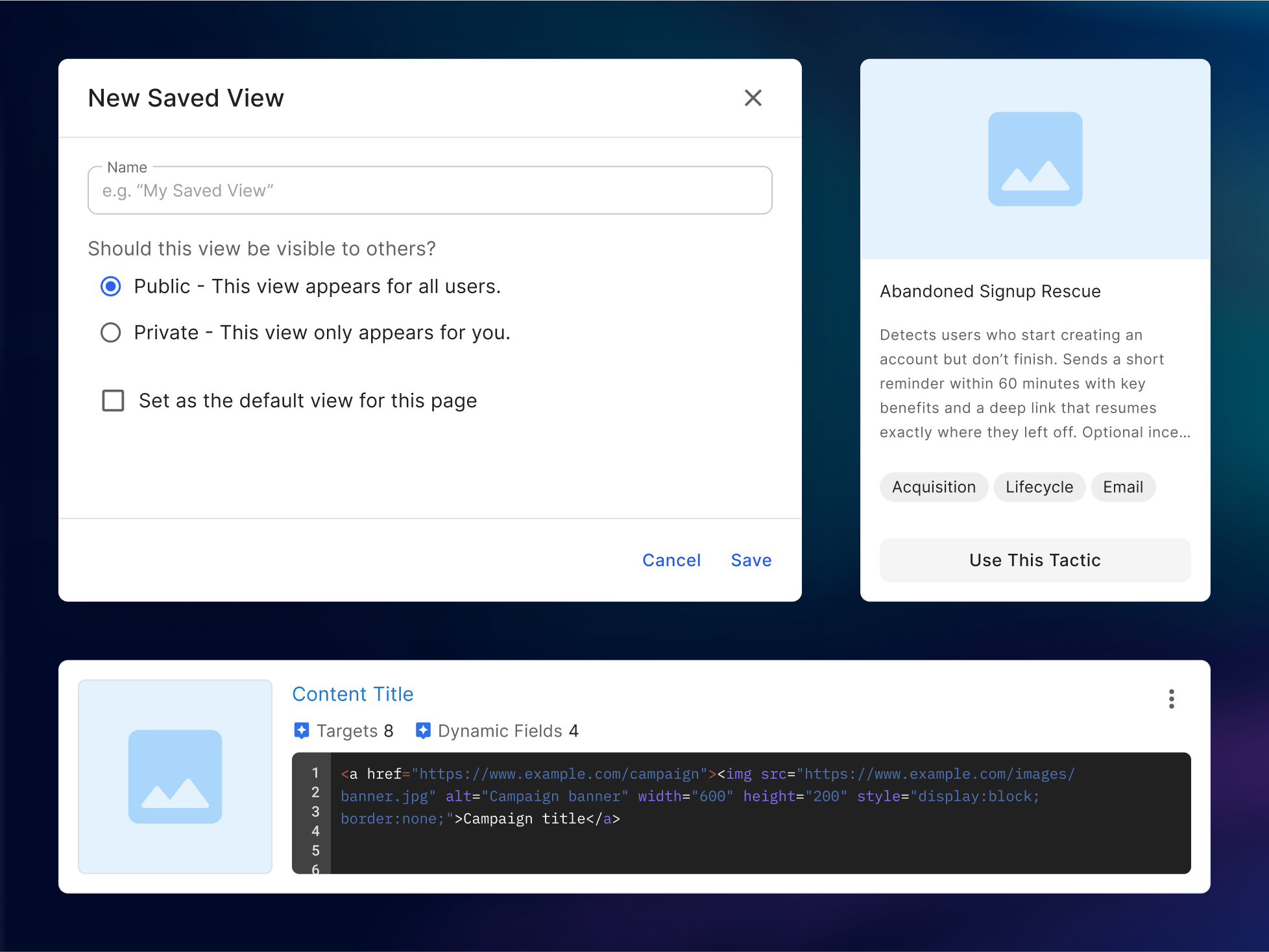 Interface showing saved view options, abandoned signup rescue tactic, and content title with HTML code snippet.
