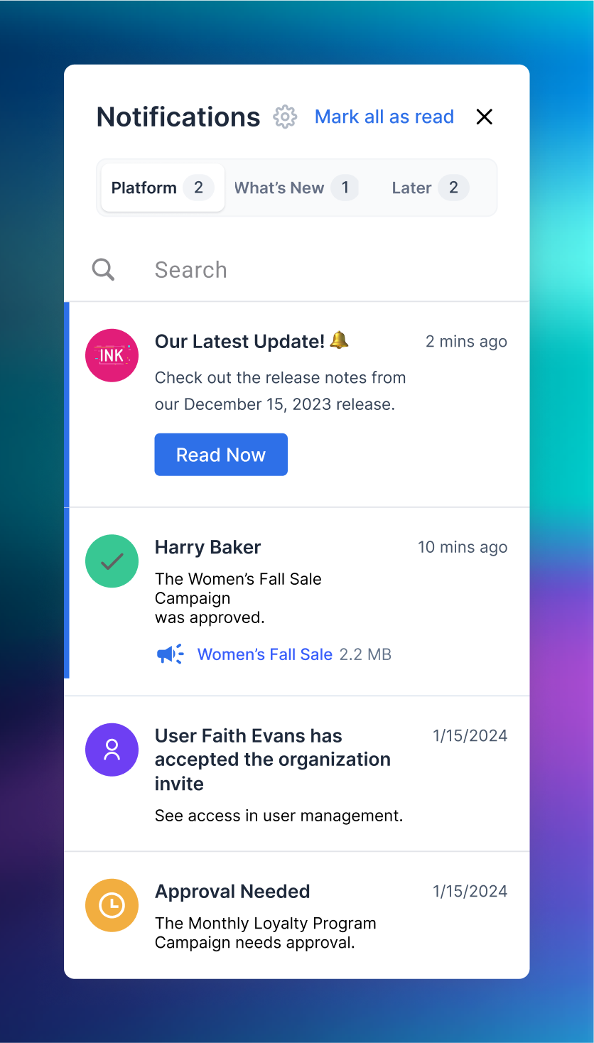 Notification panel with updates including release notes, campaign approval, organization invite, and approval needed.