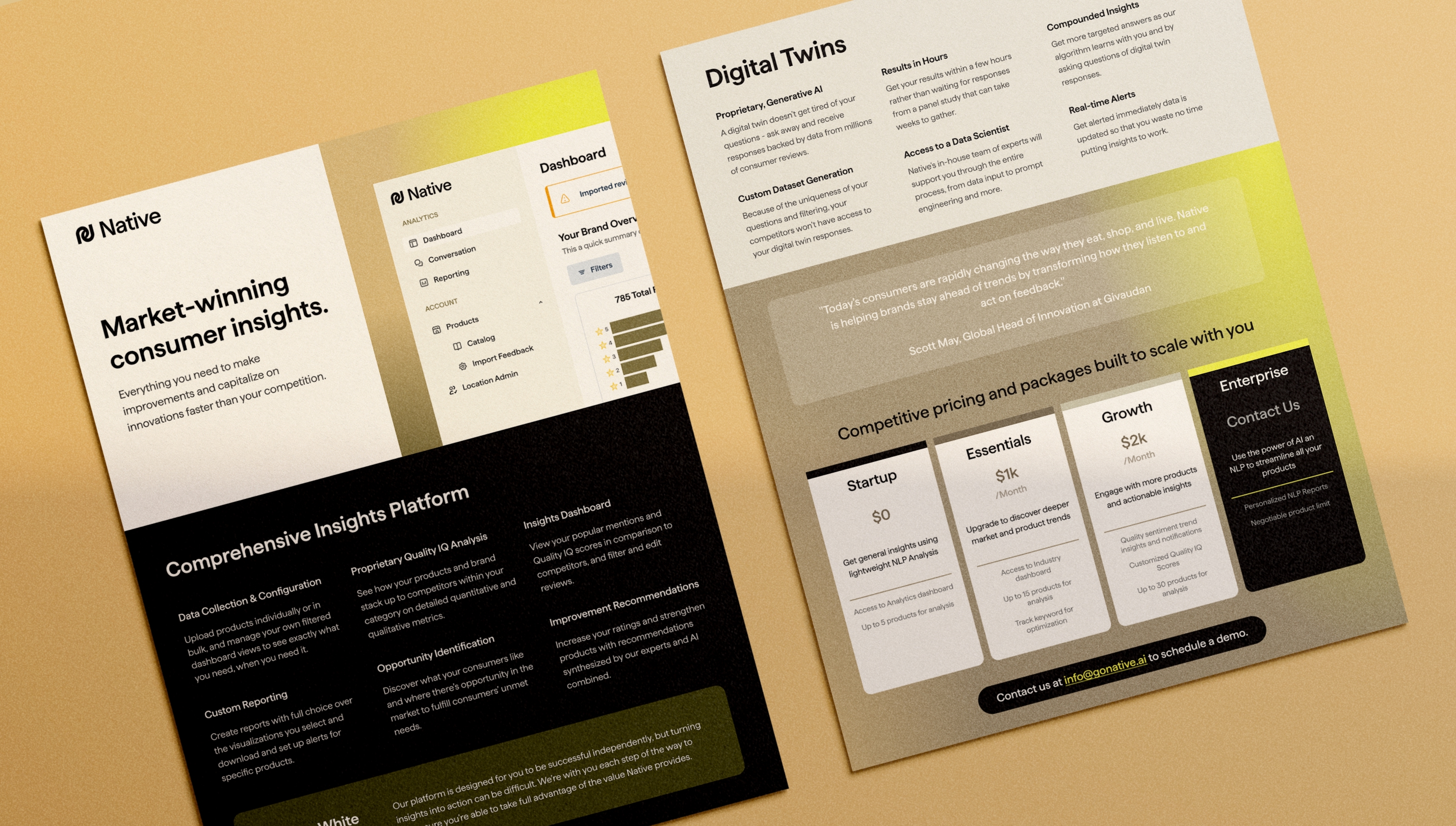 Two marketing one-sheeter pages from Native showing consumer insights, digital twins, features, and pricing plans.