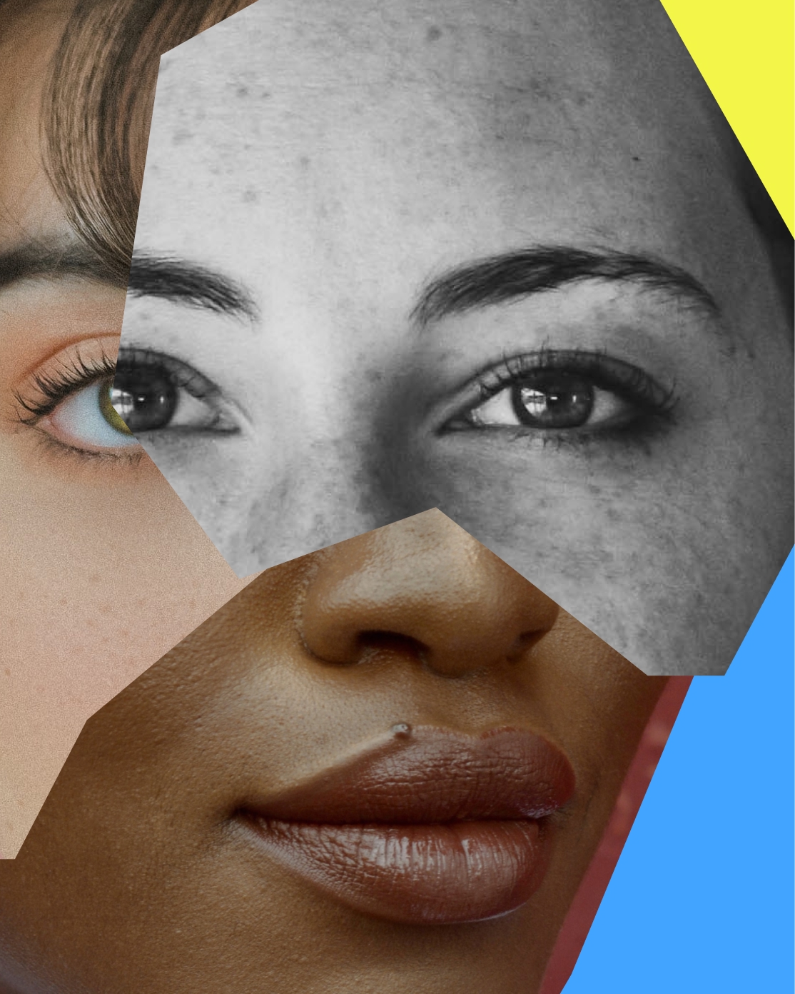 Collage of diverse faces showing different skin tones and eye shapes with colorful background.