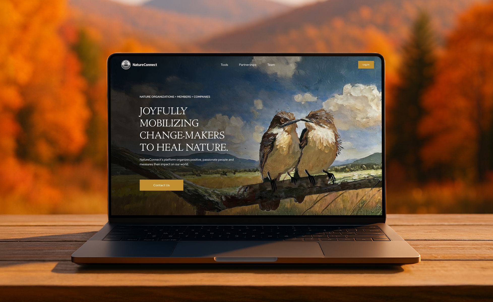Laptop on wooden table shows NatureConnect site with two birds painting and text about mobilizing change-makers.