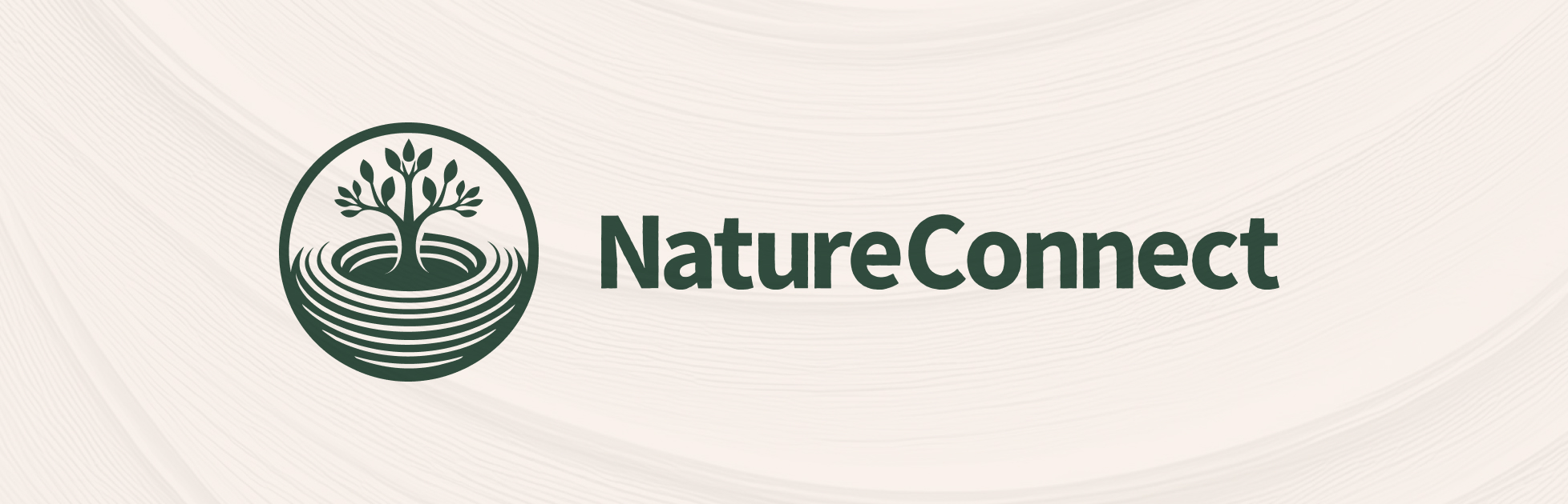 Dark green tree with leaves inside circular rings next to the text NatureConnect on beige background.