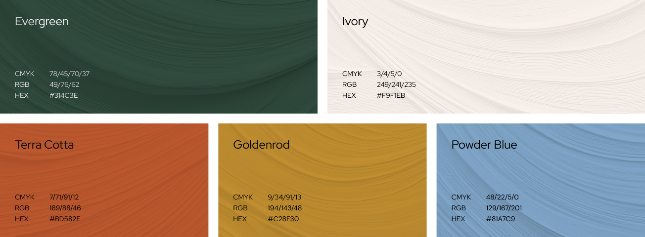 Five color swatches: Evergreen, Ivory, Terra Cotta, Goldenrod, and Powder Blue with CMYK, RGB, and HEX codes.