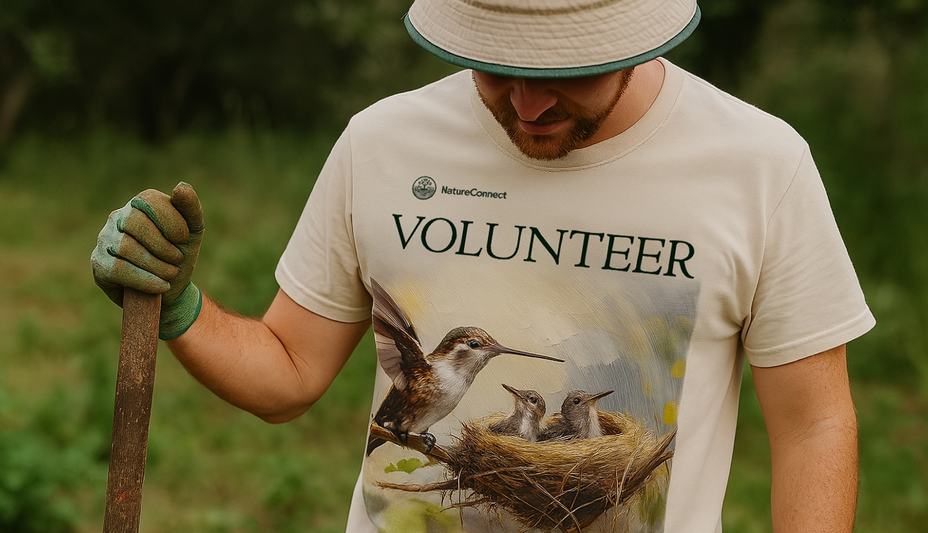 Man wearing a volunteer t-shirt with a bird and nest design, holding a wooden tool wearing green gloves.