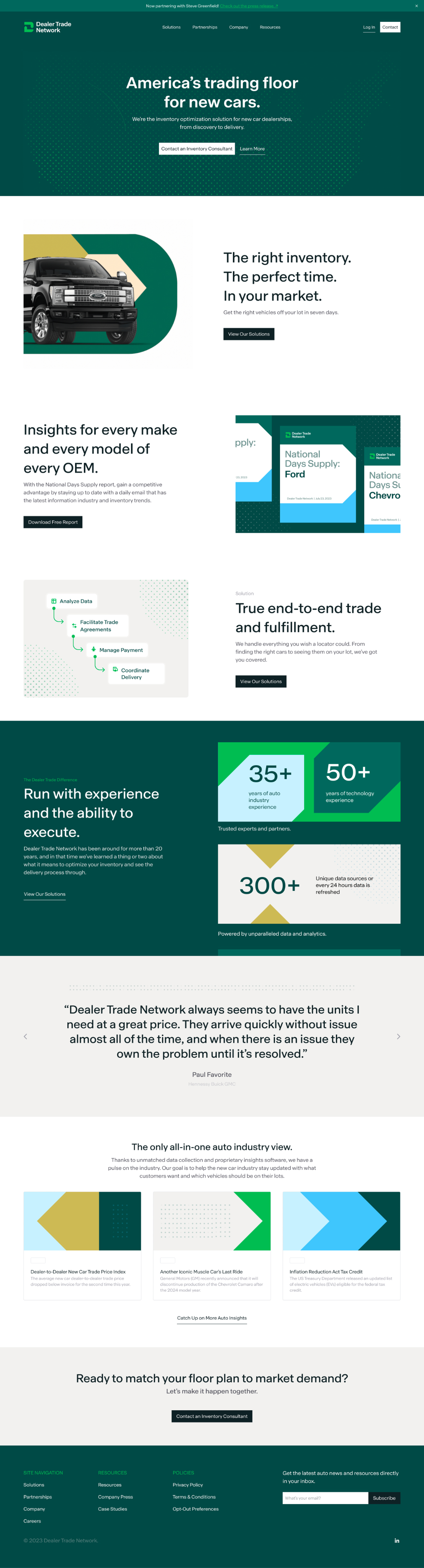 Dealer Trade Network homepage showing inventory solutions, trade insights, vehicle data, and customer testimonials.