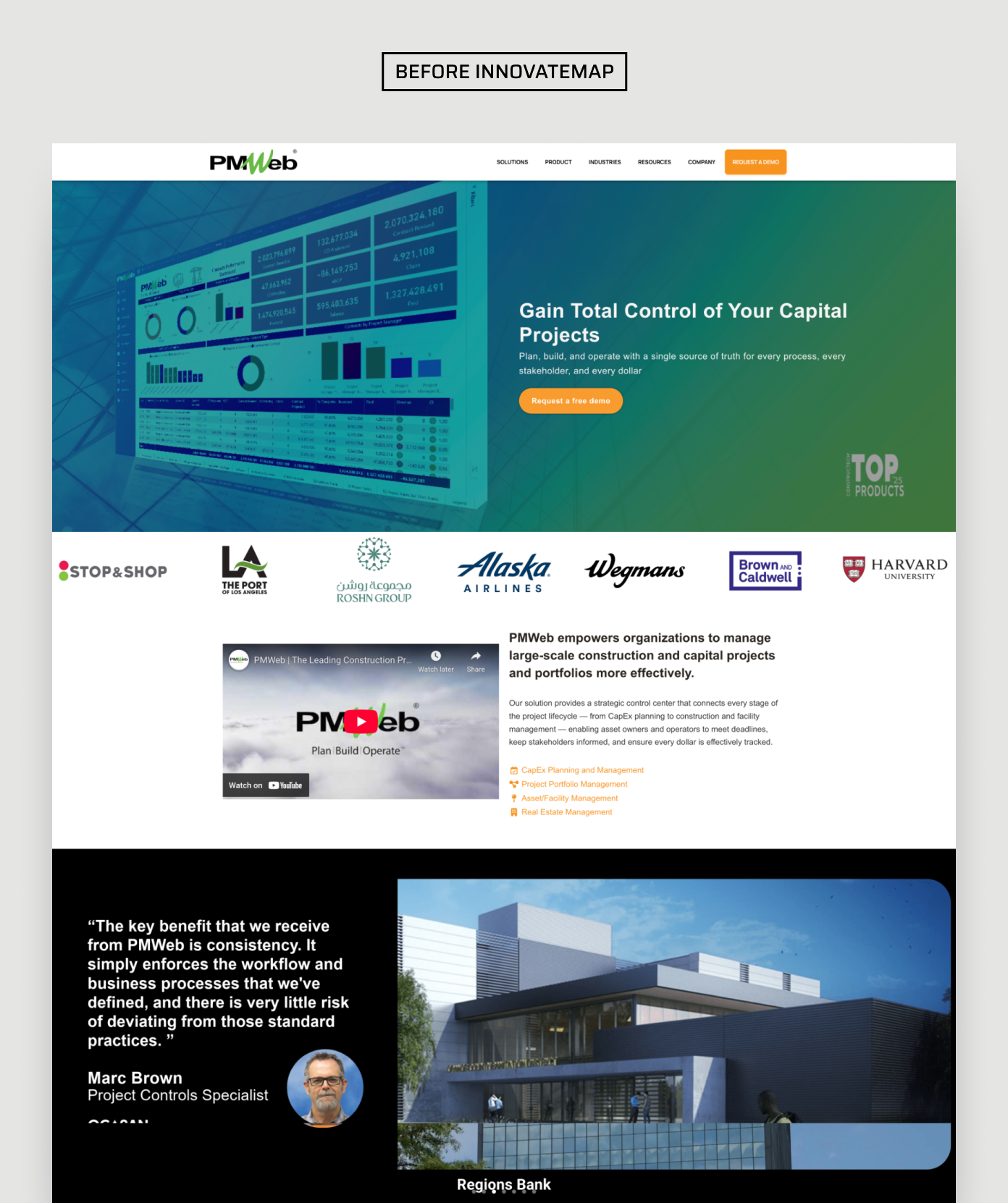PMWeb webpage showing capital projects control, client logos, a video, testimonial, and a modern building image.