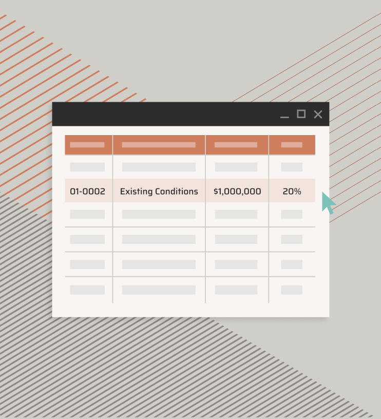 Software window showing a table with columns of data including code, description, amount, and percentage values.