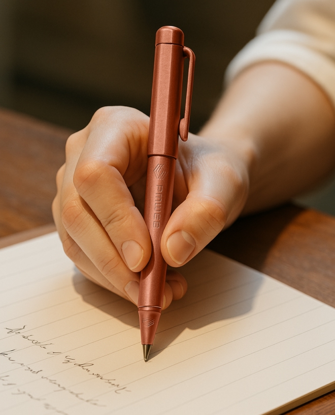 Hand holding a copper-colored PMWEB pen poised to write on lined paper with cursive text.