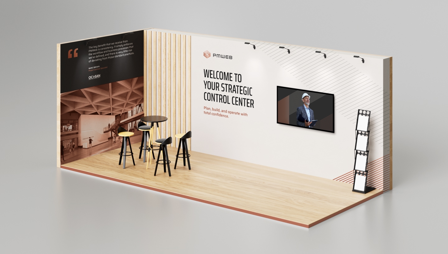 Modern trade show booth with stools, table, display screen, and control center branding.