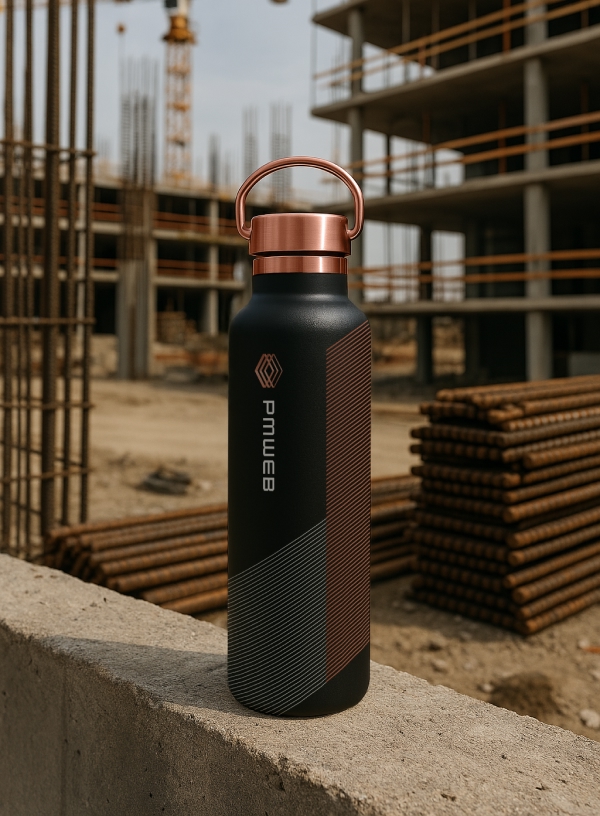 Black and copper PMWEB branded bottle on concrete at an outdoor construction site.