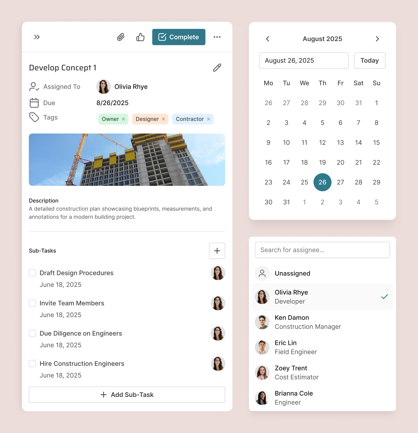 Task management interface showing Develop Concept 1 with due date, assignee, tags, subtasks, and calendar for August 2025.