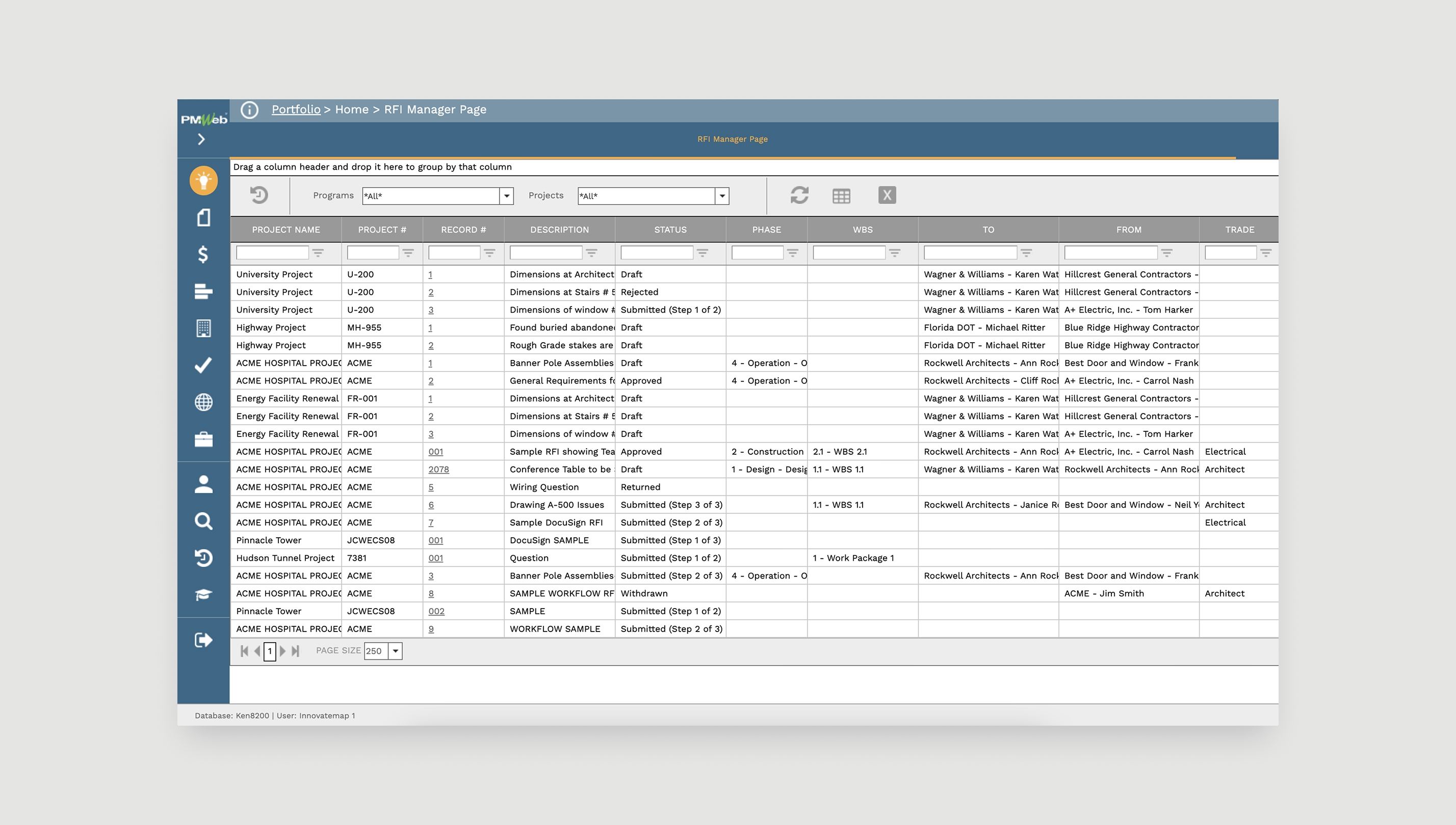 Project management software screen showing a table of projects, statuses, descriptions, and stakeholders.