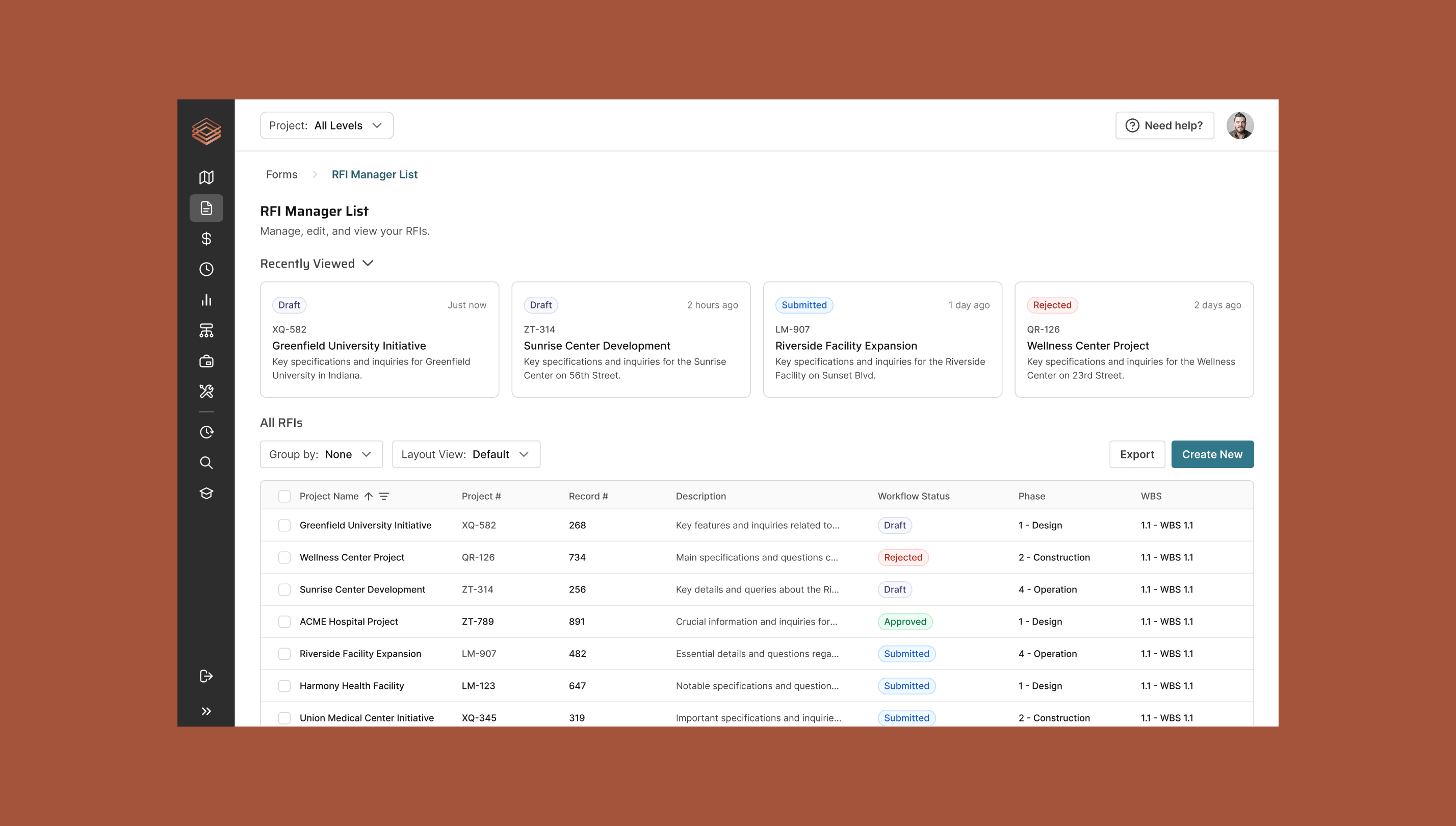 RFI Manager List interface showing project RFIs with status labels like Draft, Submitted, Rejected, and Approved.