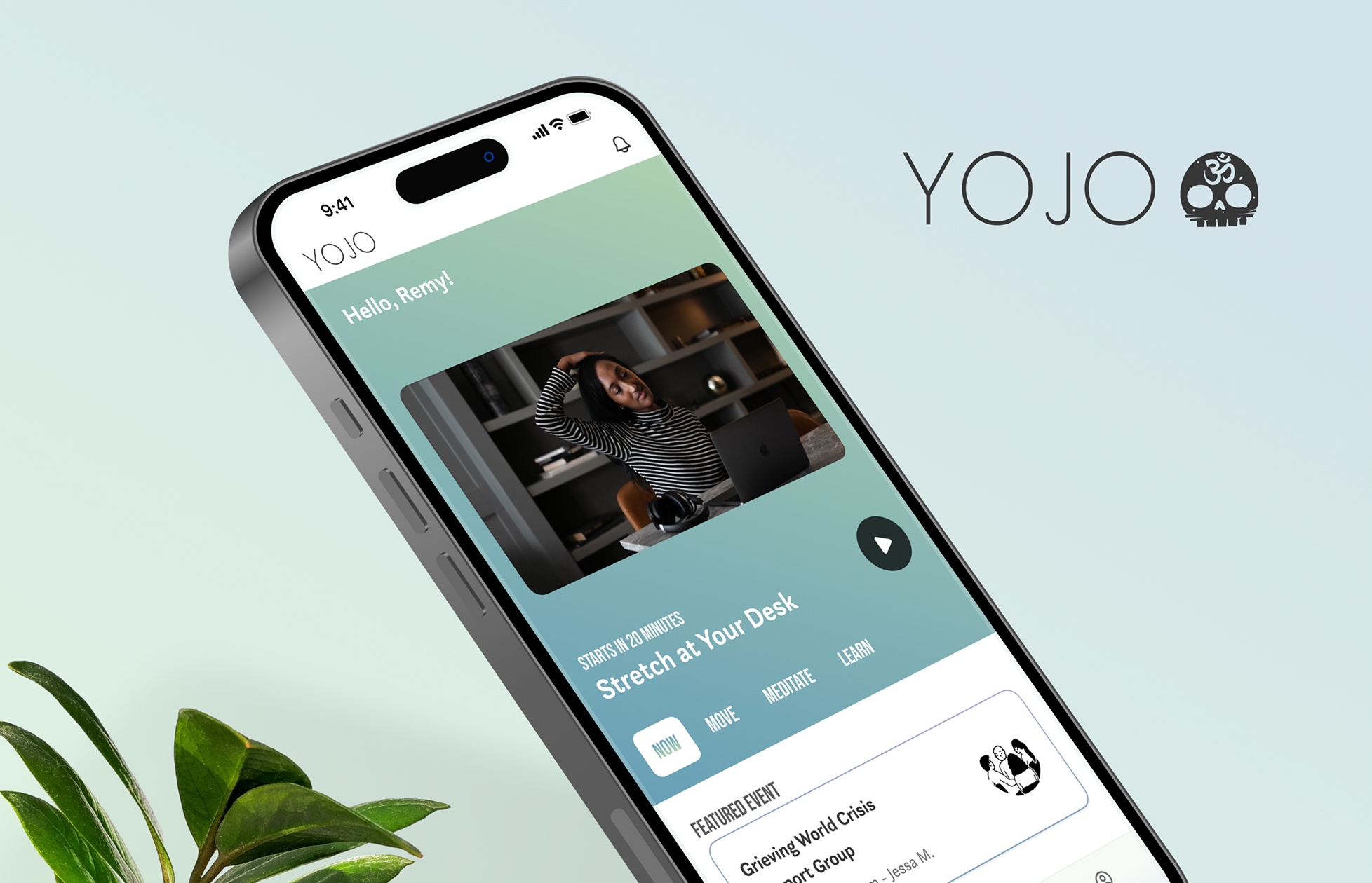 Smartphone showing YOJO app with stretch at your desk session and a featured support group event.