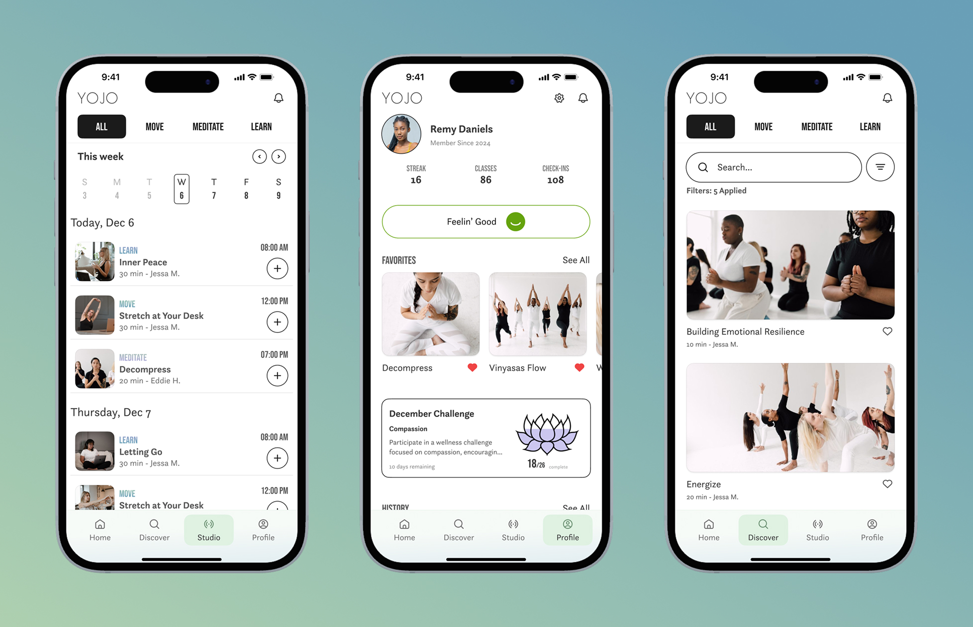 Three phones displaying YoJo app screens for scheduling, profile with favorites, and discovering wellness sessions.