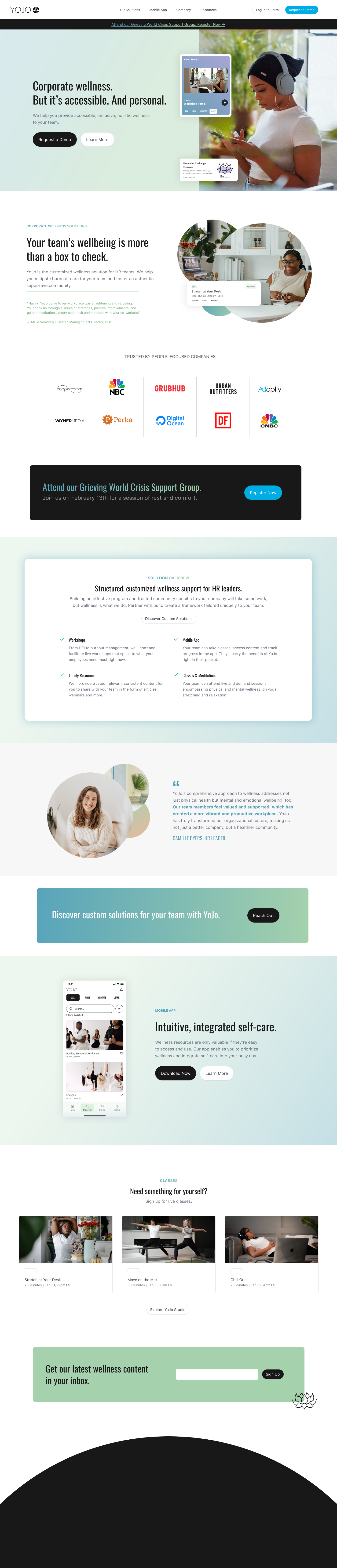 YoJo website homepage showing corporate wellness services with images, client logos, and wellness features.