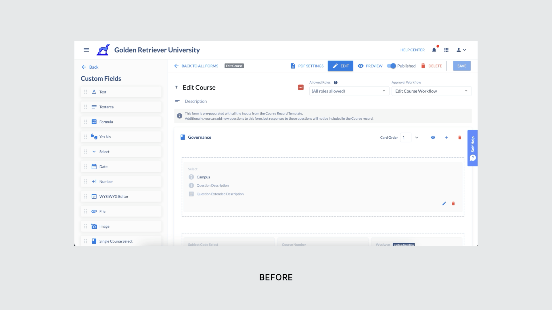 A before-and-after slider, showing a redesign of the CourseDog platform layout with UI improvements.