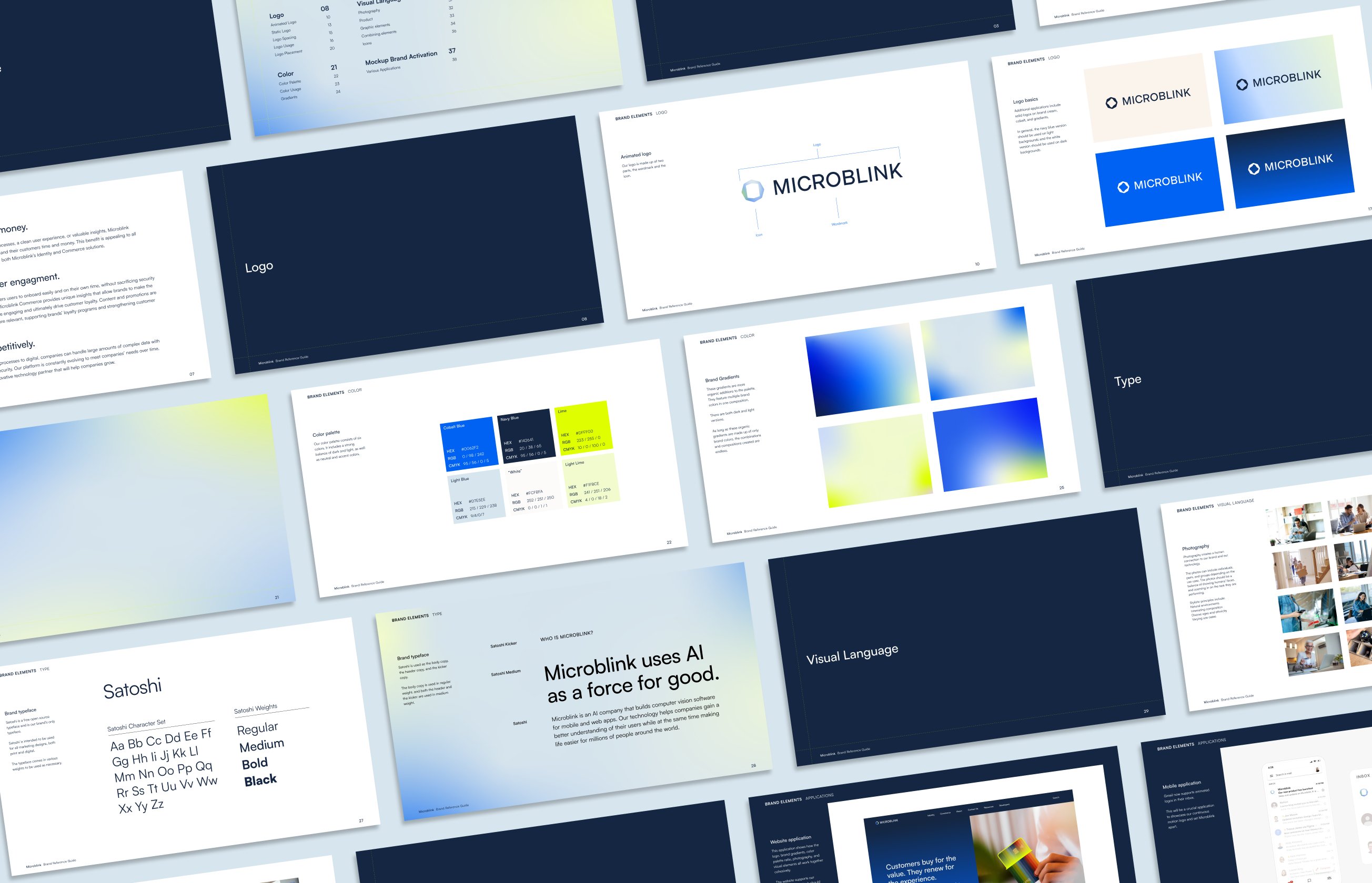 Layout of Microblink brand guide pages showing logo, colors, typography, and visual language details.