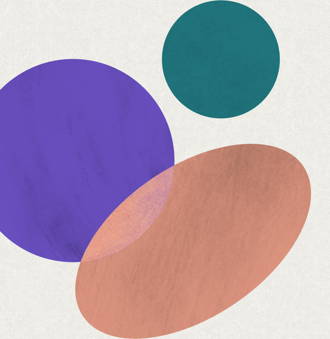 Abstract art with large purple circle, teal circle, and overlapping brown oval on textured background.