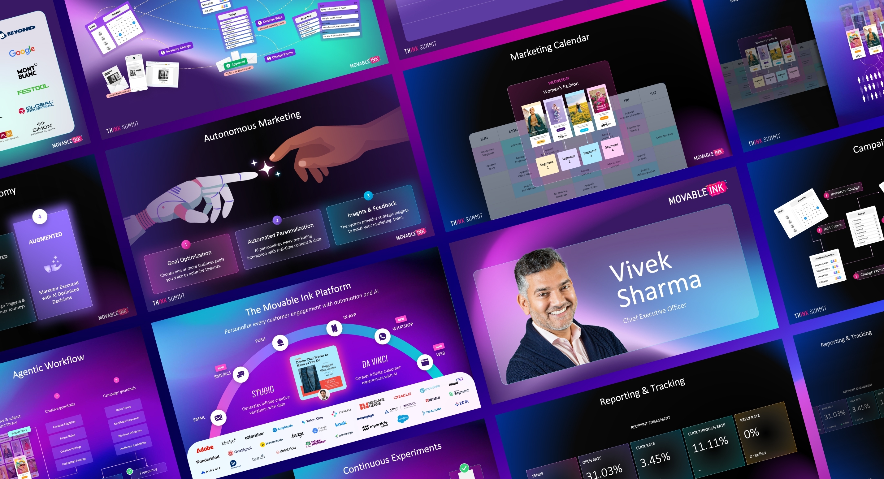 Collage of marketing platform slides including AI automation, calendar, CEO Vivek Sharma, and reporting stats.