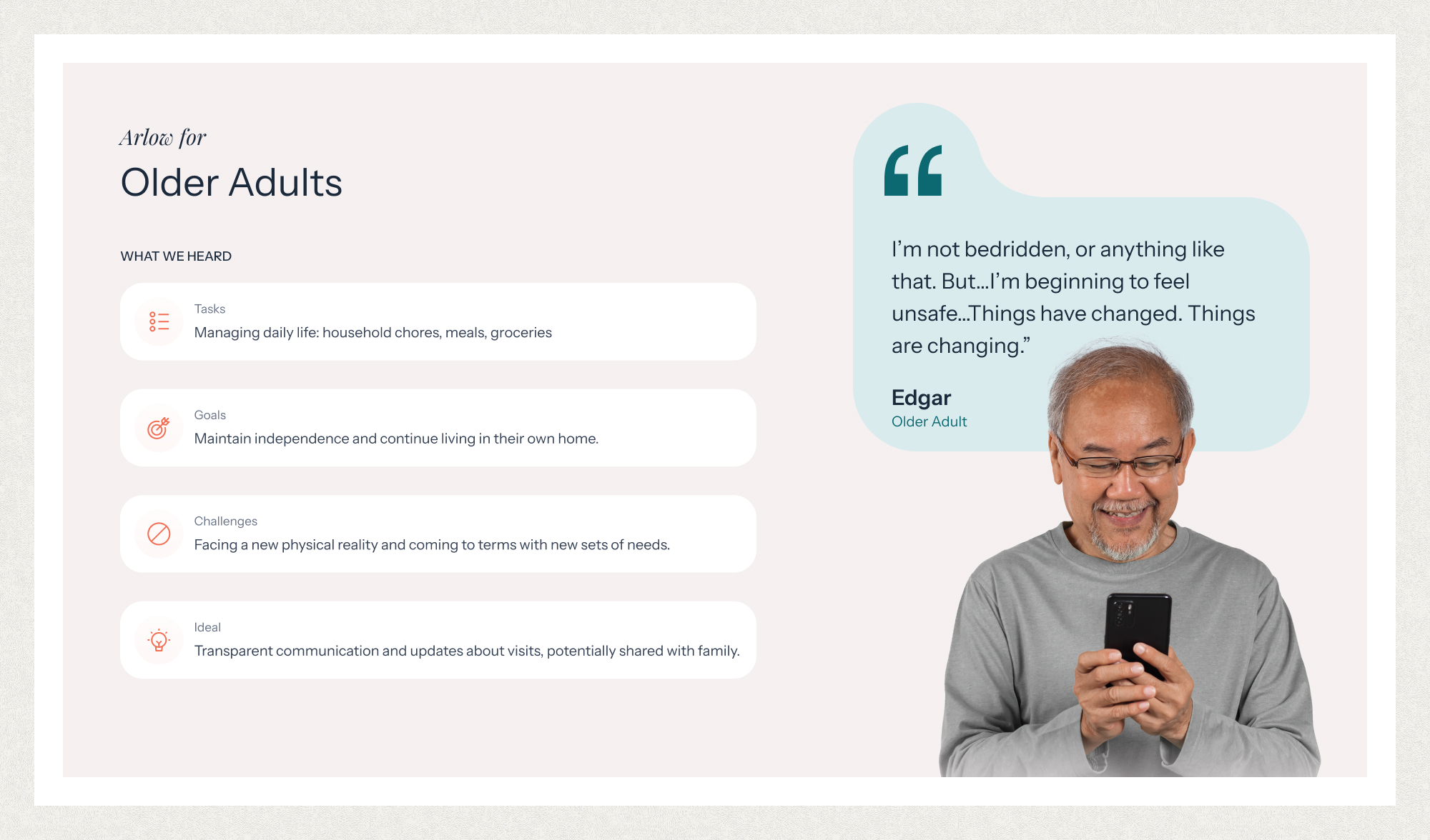 Older adult Edgar holding a smartphone with quotes and notes on managing daily life, goals, challenges, and ideals.