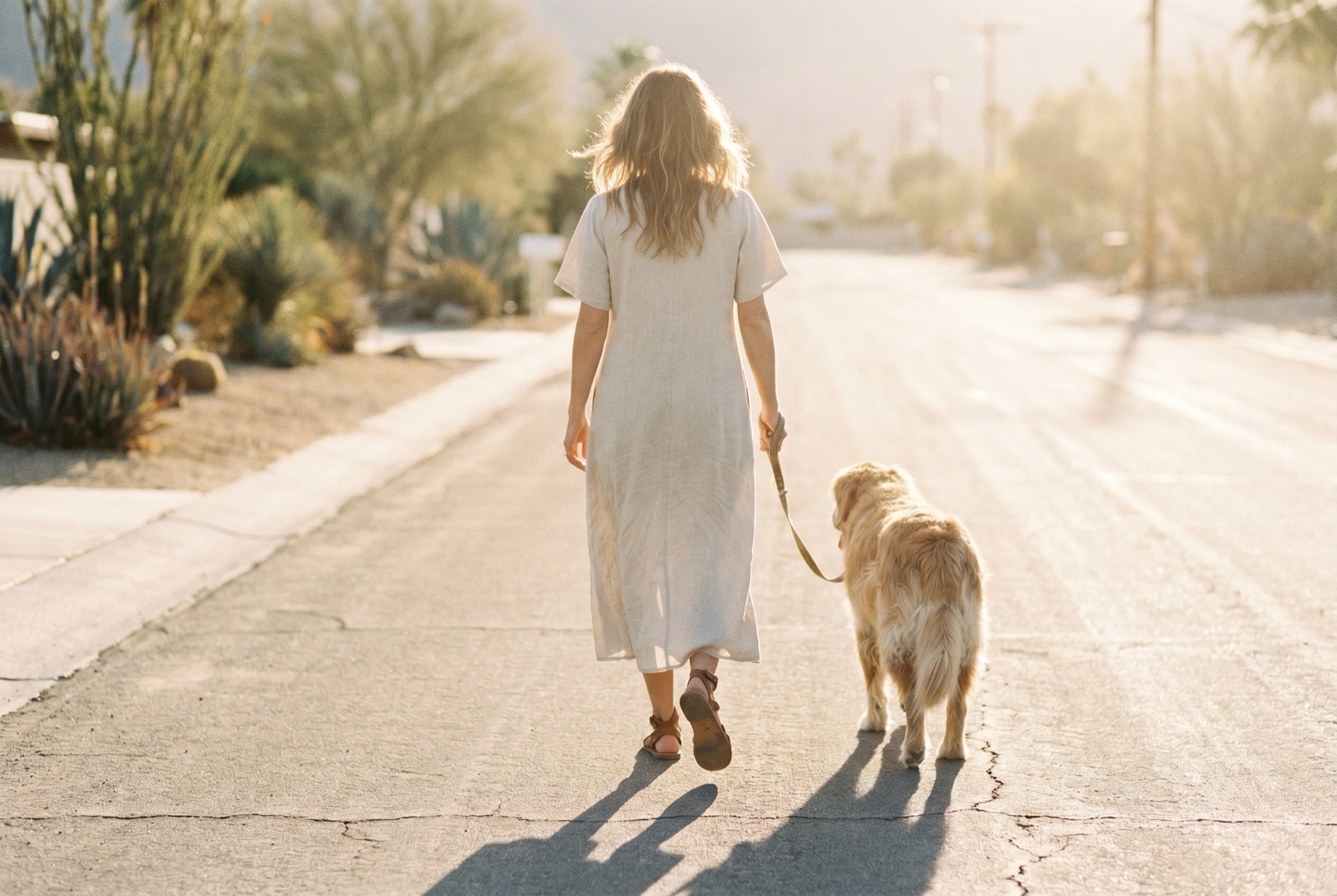 A woman in linen walking a golden retriever down a quiet North Scottsdale street at golden hour