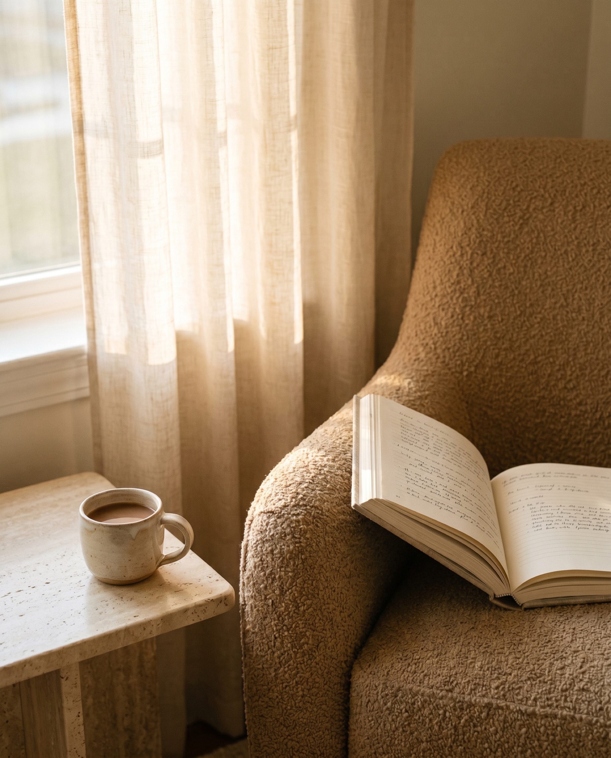 A sunlit reading nook with a book and a warm cup of coffee