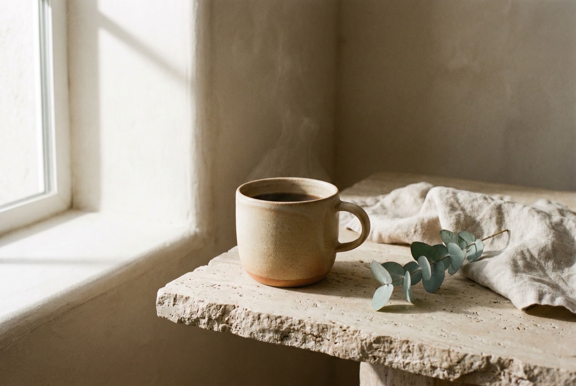 A warm morning still life with a stoneware coffee cup, linen and desert greenery on travertine