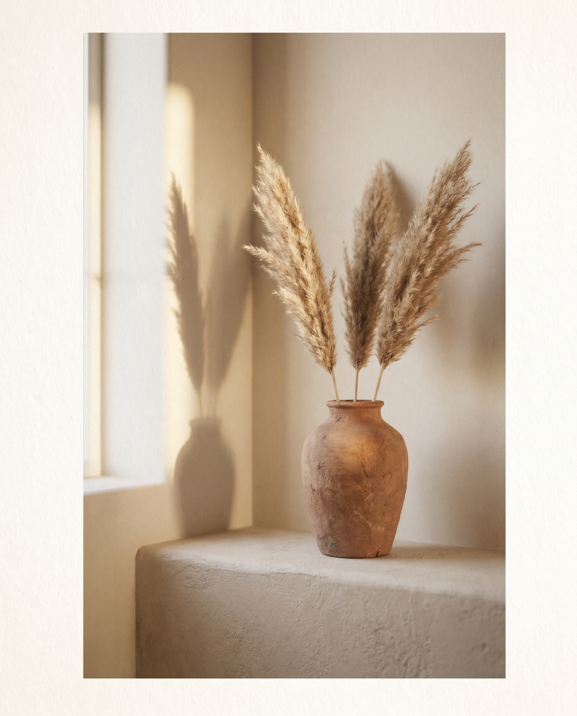 Dried pampas grass in a terracotta vessel in warm window light