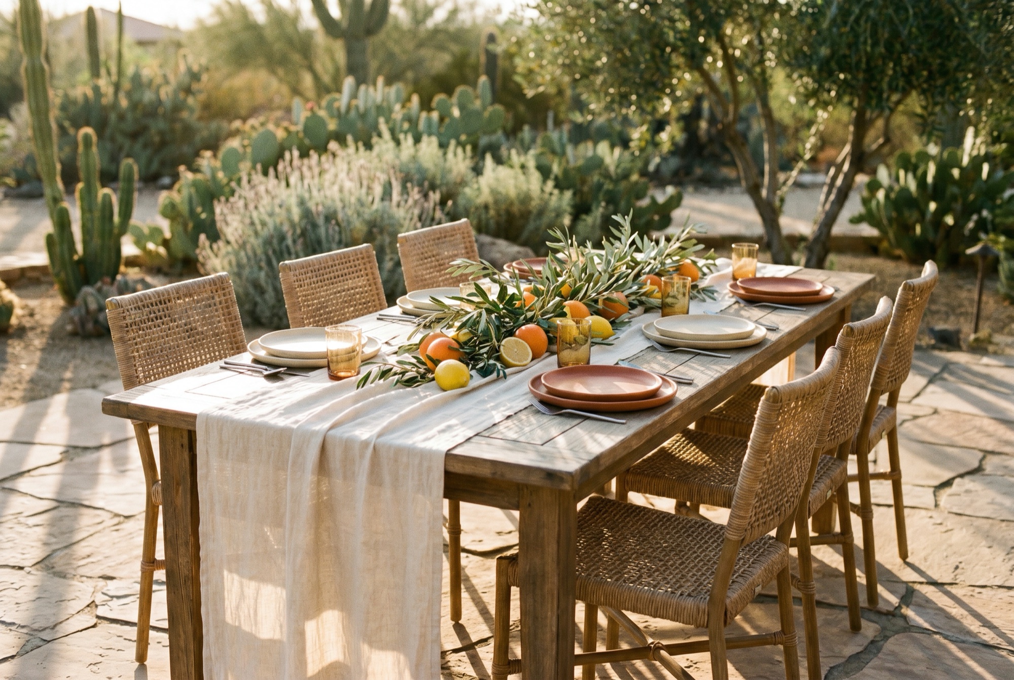A desert patio table set for a golden-hour gathering with olive branches, citrus and woven chairs