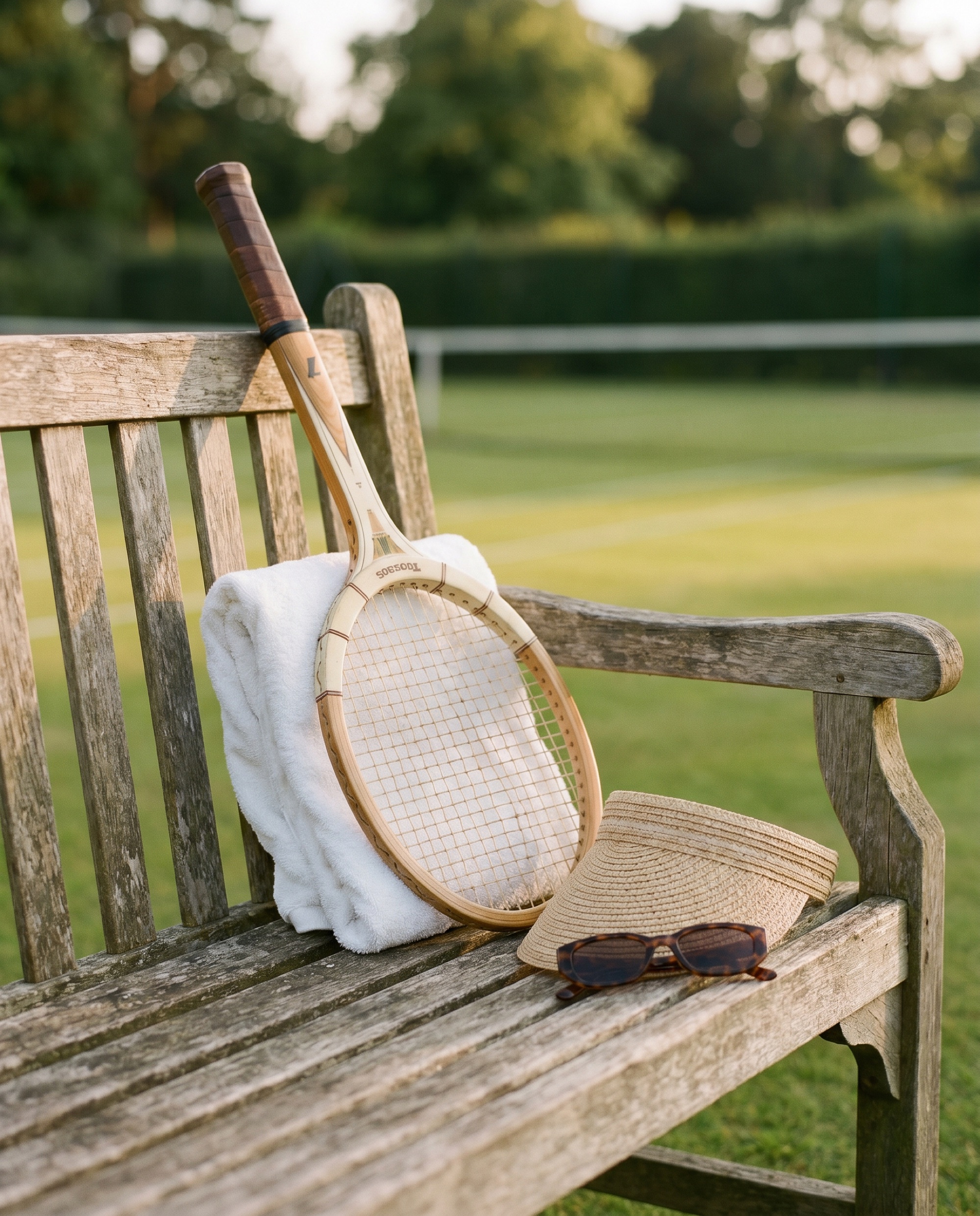 A vintage tennis racquet, towel, visor and sunglasses on a club bench by the court