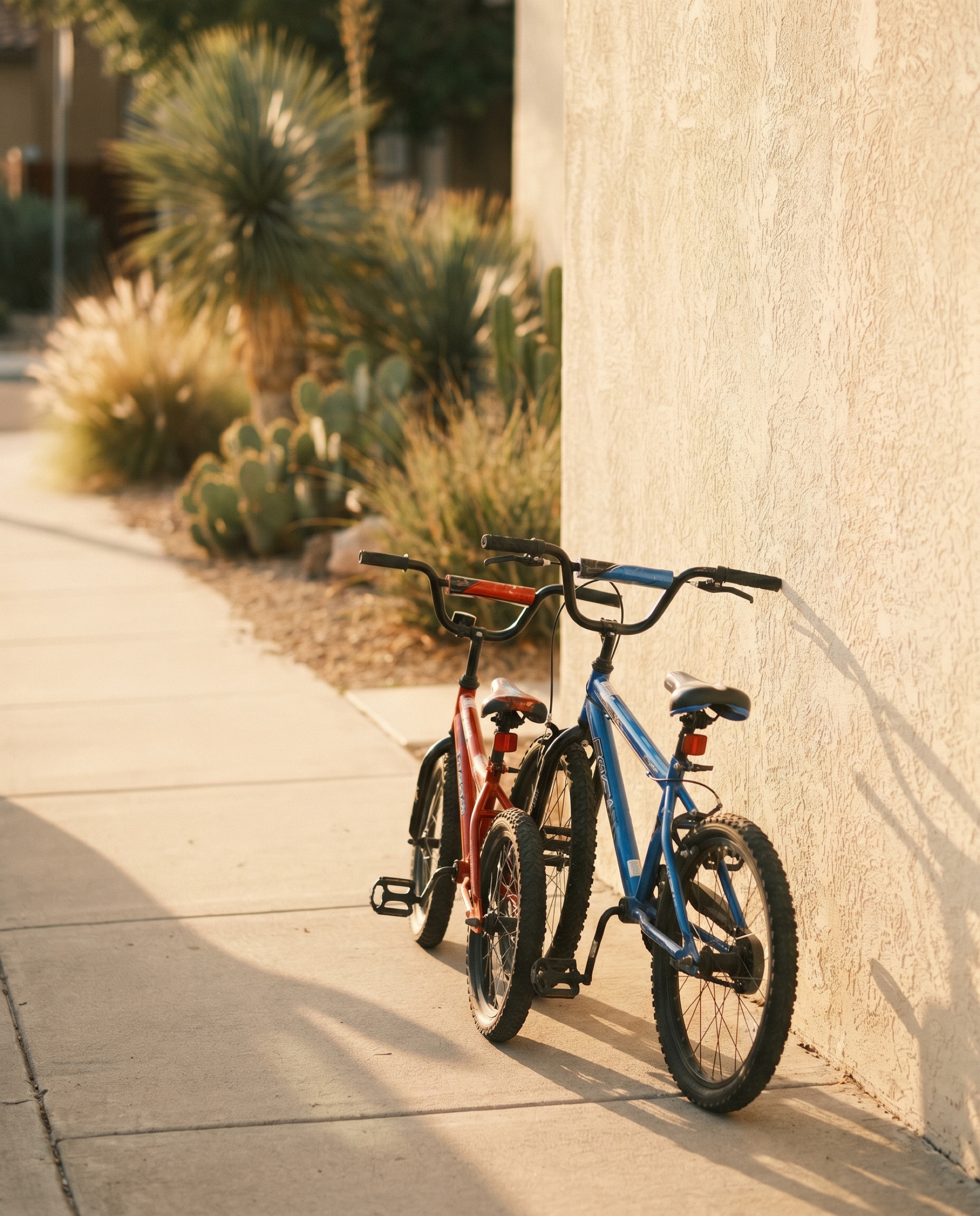 Two children's bikes leaned against a warm plaster wall on a quiet neighborhood sidewalk