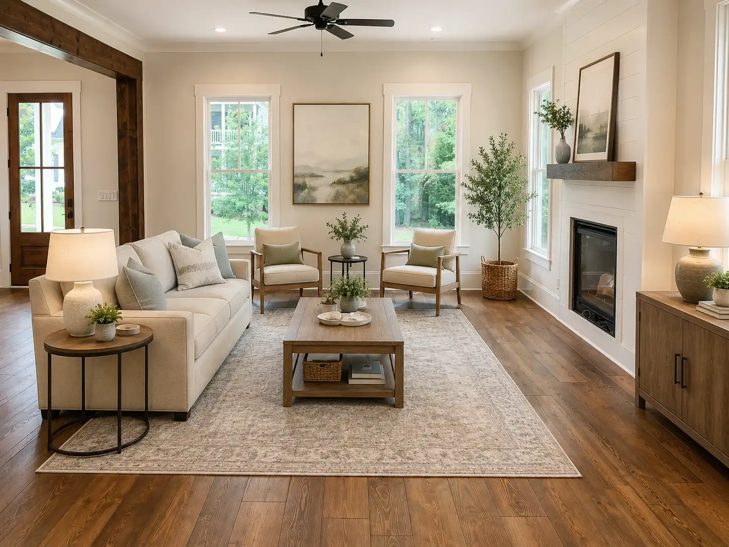 Bright living room with hardwood floors, a shiplap fireplace wall, and large windows