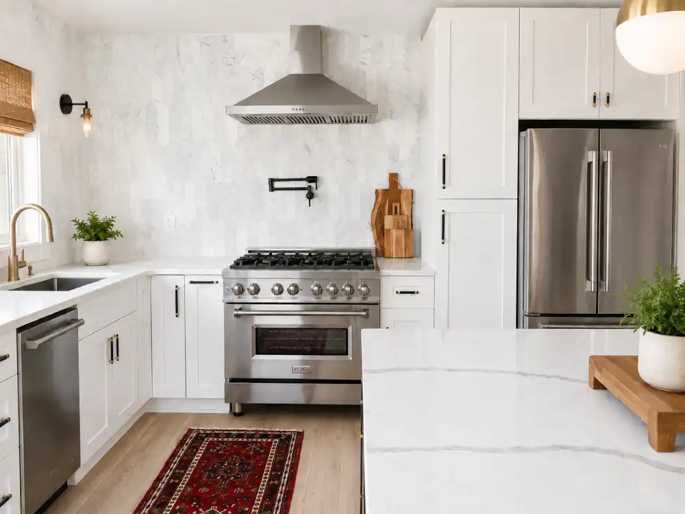 White kitchen with marble backsplash, stainless steel range and refrigerator, and quartz island