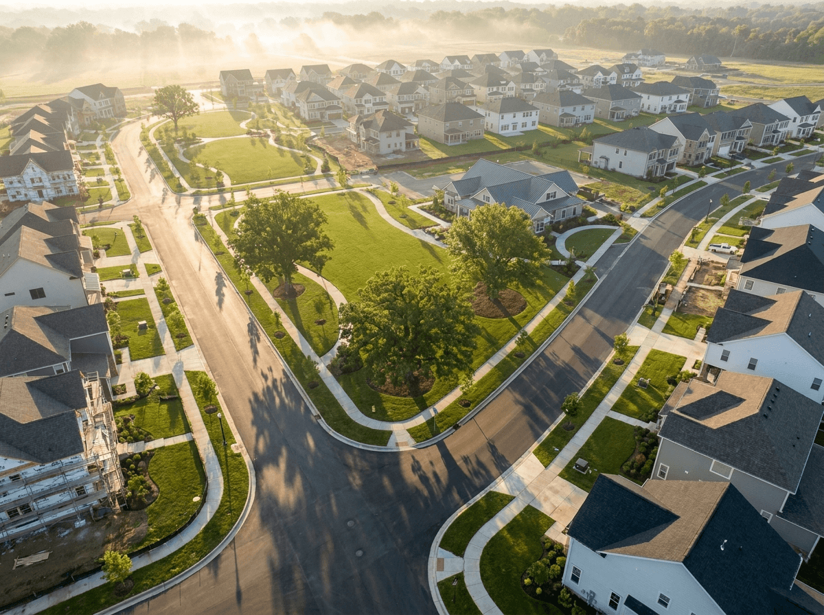 Aerial view of a new subdivision with curving streets, homes, and a central green space